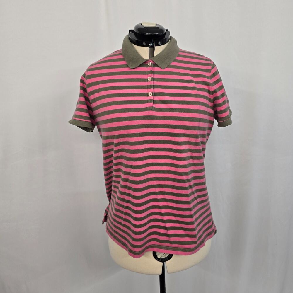 Eddie Bauer Polo Shirt Women's XL Pink & Green Stripe Short Sleeve